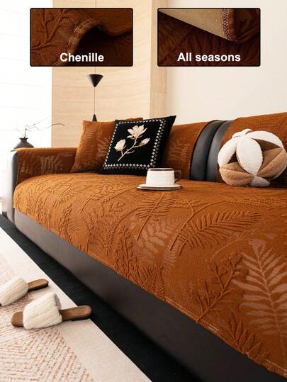 1pc Solid Color Chenille Sofa Cover, Pet-Friendly Non-Slip Backing, All-Season Use, Holiday Decor Sofa Refurbishment Furniture Protection, Suitable For 2-4 Seater Straight Sofa, Sectional Sofa, Chaise Lounge