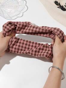 1pc Olive Green Orange Pink Brown Korean Style Plaid Ruched Scrunchie Soft Textured Fabric Hair Tie For Commute Girl Low Ponytail Bun - Multicolor - View 8