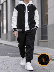 2pcs/Set Boys' Casual Outdoor Colorblock Commuter Comfortable Jacket And Sweatpants - Black - View 4