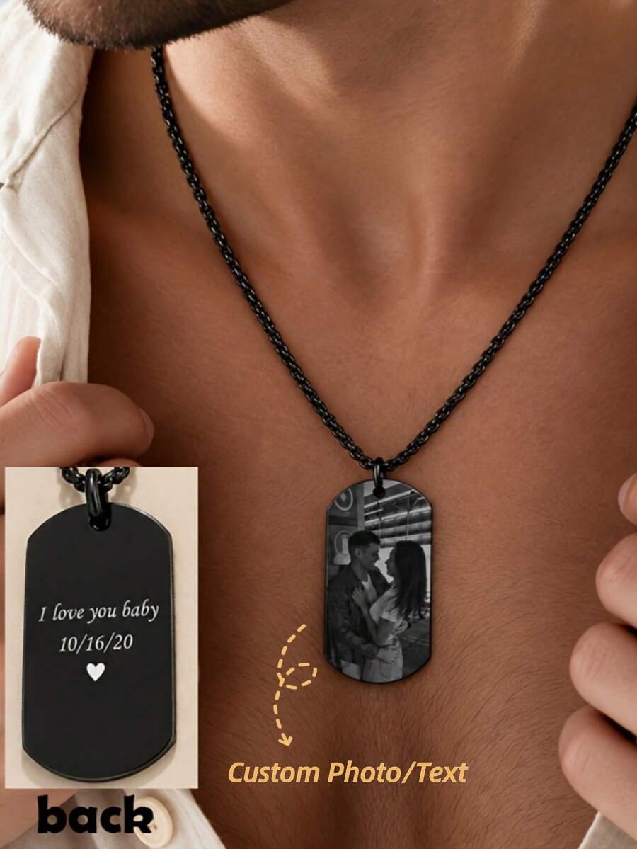 Personalized Custom Photo And Text (Back) Square Pearl Necklace, Waterproof Stainless Steel Jewelry, Men's Party Holiday Daily Versatile Accessory, Perfect Birthday Father's Day Christmas Valentine's Day Anniversary Gift For Him - Multicolor - View 1