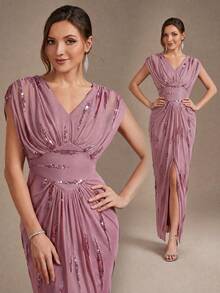 EVERPRETTY Autumn Elegant Charming Pink Sequin Embroidered V-Neck Batwing Sleeve Slit Evening Gown Formal Dress Suitable For Party, Dinner, Semi-Formal Occasions - Dusty Pink - View 3