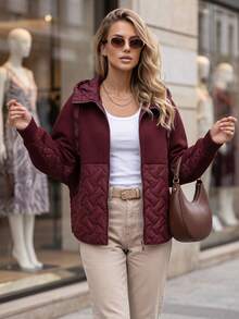 Women's Oversized Hooded Jacket, Quilted Panel, Zip Front, Adjustable Hood, Zip Pockets - Burgundy - View 5