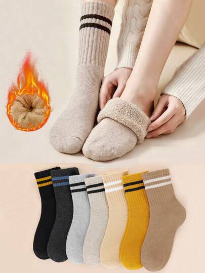 1/2/4/7 Pairs Random Women's Autumn/Winter Thermal Lined Thick Terry Striped College Style Comfortable Warm Mid-Calf Socks