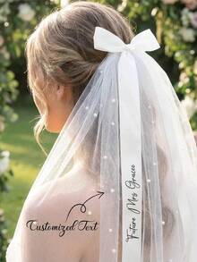 Personalised Silk Wedding Ribbon, Wedding Chiffon Ribbon Name Tag, Ribbon Placecard For Wedding, Bridal Shower Personalised Bow Bridesmaid Gift Patchwork Batting, Cotton Interlining, DIY Crafts Fabric, Sewing Accessories, Quilting Material, Adhesive - Multi-color - Veil - View 6