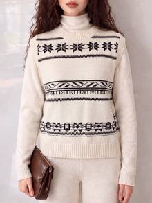 Women's Autumn/Winter Vintage Pattern Round Neck Pullover Vest - White - View 1