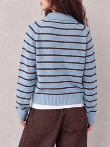 Women's Autumn/Winter Fashion Casual Minimalist Striped Collared Pullover Sweater - Light Blue - View 2