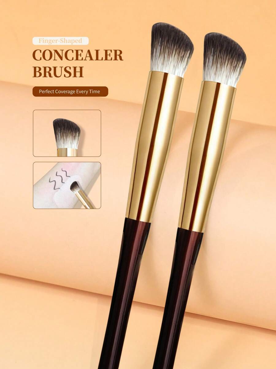 Fan-Shaped Makeup Brush, Soft Face Brush Head, Highlighter Brush, Portable Wooden Handle - Chocolate Brown - View 1