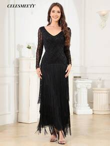 Robe de soirée Top de gamme pour femmes, patchwork, manches longues, à franges et perles, robe de banquet, de fête et de vacances - Noir - Voir 5