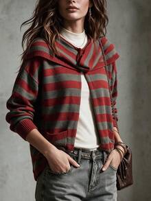 Women Striped Draped Collar Open Front Knit Cardigan, Long Sleeve Loose Fit Pocket Design Fall Casual Sweater Coat - Multicolor - View 6