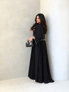 Hafizah عباية كارديجان طويلة سوداء بتصميم رقعات مطوية، رداء فضفاض منسدل مفتوح من الأمام، معطف طويل أنيق متعدد الاستخدامات للنساء للاستخدام اليومي - الأسود - مشاهدة 5