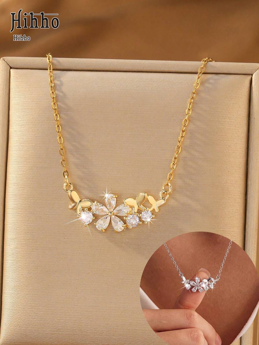 Hihho 1 buah Kalung Tulang Selangka Elegan dengan Hiasan Bunga dan Kupu-kupu, Warna Emas & Perak Dua Nada, Kalung Dekoratif untuk Pemakaian Sehari-hari bagi Wanita - Bunga dan kupu-kupu - View 1
