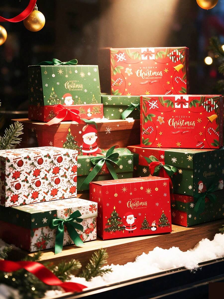 Large Christmas Gift Box With Bow, Red And Green Santa Claus Pattern Design, Suitable For Christmas, Home Decor, Christmas Gifts, Gift Wrapping And Holiday Decoration - One Size Fits All - View 1