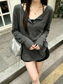 Plus Size Casual Long Sleeve Cover-Up Loose Fit Daily Commute Slouchy Minimalist Versatile Women's Top - Dark Grey - View 5