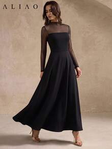 Spring/Autumn French Vintage Court Style Black Sheer Mesh A-Line Maxi Dress, Elegant Wedding Party Formal Gown - Black - View 7