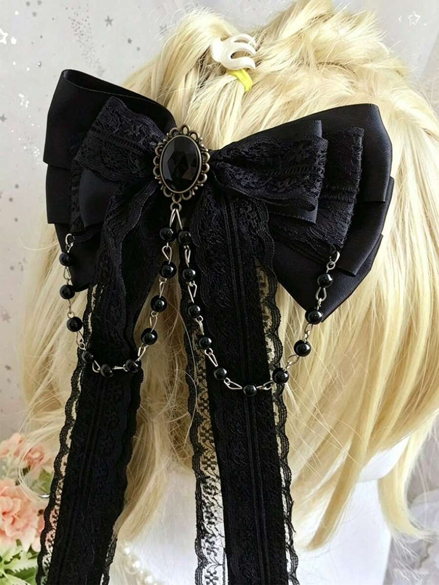 1件裝黑色蕾絲髮箍,附優雅仿珍珠鍊髮夾、蝴蝶結與緞帶,蘿莉塔風女款時尚 Cosplay 髮飾 - 黑色 - 查看 1