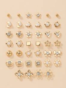 20 Pairs Minimalist Stud Earrings Set, Bow, Flower, Moon, Heart And Geometric Pattern Combination Earrings, Suitable For Women's Daily, Casual, Outing, Vacation Wear, Perfect Gift For Friends - Yellow Gold - View 9