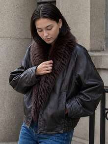 Women's Chic Mocha Brown PU Wrap Front Bomber Jacket Contrast Faux Fur Shawl Collar Elastic Hem Fall Outfits Autumn Clothes Going Out - Mocha Brown - View 1