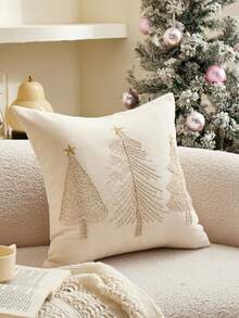 1Pc Corded Embroidery Christmas Tree Pillow Case, Chenille Decorative Cushion Cover With Hidden Zipper, Sofa Home Christmas Decor, Pillow Insert Not Included - Beige - View 5