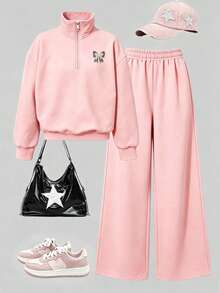 2pcs/Set Baju Sweatshirt dan Celana Panjang Motif Pita Bordir untuk Anak Perempuan, Pakaian Nyaman Modis untuk Musim Gugur/Dingin - Berwarna merah muda - View 1