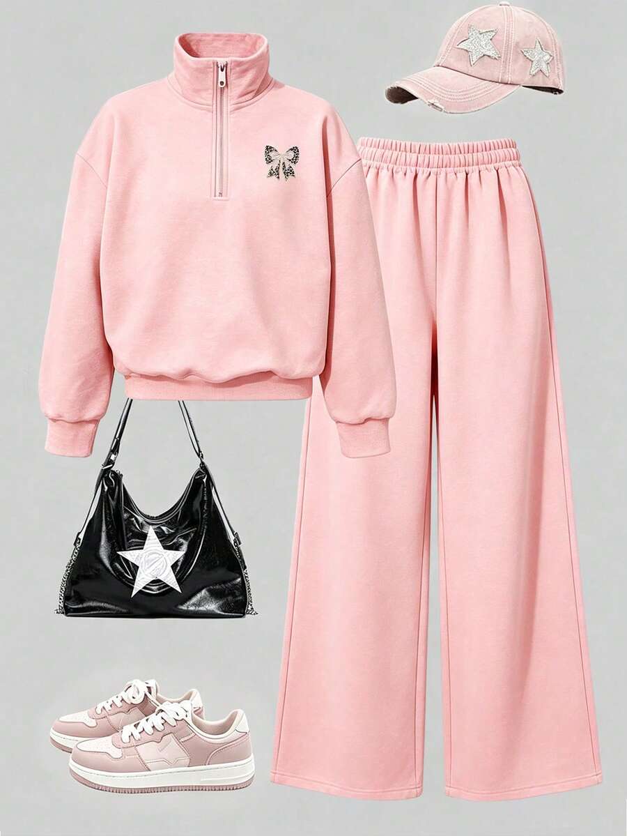 2pcs/Set Baju Sweatshirt dan Celana Panjang Motif Pita Bordir untuk Anak Perempuan, Pakaian Nyaman Modis untuk Musim Gugur/Dingin - Berwarna merah muda - View 1