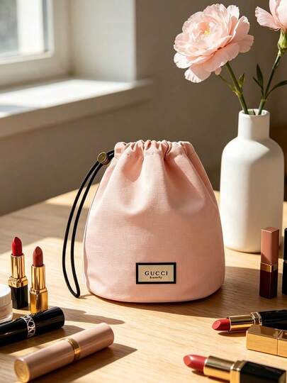 Soft Pink Drawstring Makeup Storage Bag, Fabric Portable Large Capacity, Dust-Proof Drawstring Design, Can Store Various Makeup Items, Suitable For Commuting, Shopping, Travel, Business Trip, Home And Other Multiple Scenarios, Practical For Personal Use, Suitable For Birthday, Holiday, Best Friend Gift, Souvenir, GUCCI