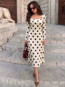 Vuslat Women's Elegant Square Neck Waist-Cinching Polka Dot Midi Dress, Suitable For Daily Commute, Party, Date, Christmas - Apricot - View 9