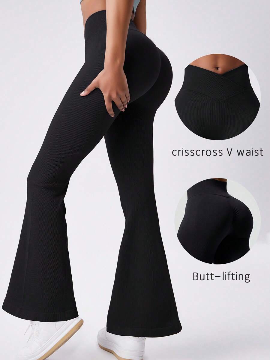 Women's Ribbed Criss-Cross Waist Flare Leggings, Solid Color Slim Fit Base Layer Pants, Casual Halloween Holiday Party Outfit - Black - View 1