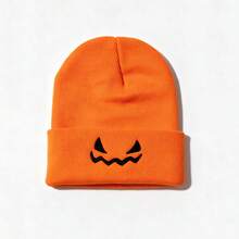 1pc Fashionable Ear-Protective Windproof Knitted Solid Color Beanie Hat With Halloween Pumpkin Embroidery, Unisex - Multicolor - View 8