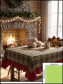 1pc Green Brown Red Classic Large Plaid Tablecloth Traditional Country Style Rectangular Burgundy Ruffle Edge Pleated Detail Stain-Resistant Protective Tablecloth For Home Long Table Suitable For Christmas Family Gathering And Winter Holiday Dining Room Decor - Green - View 10