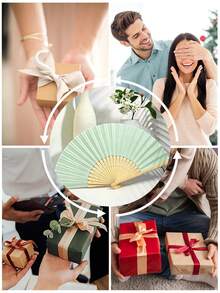 Light Green Folding Fan Gift Set With Mesh Bag And Thank You Card, DIY Handheld Bamboo Folding Fan, Wedding Favor Gift, Bride Dance Prop For Church Wedding Party - Multicolor - View 9