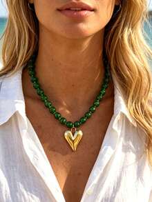 2/1pc Vintage Elegant Metal Heart And Shell Pendant Green Beaded Necklace Set, Suitable For Vacation And Daily Wear - Green - View 5