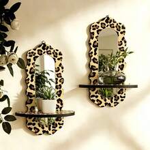 Leopard Print Wavy Wall Mirror With Floating Shelf, Printed Wavy Frame, Suitable For Bedroom, Living Room, Vanity, Bathroom, Entryway Wall Decor, Practical And Unique Housewarming, Birthday, Valentine's Day, Christmas Gift - Multicolor - View 6
