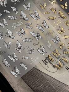 1Sheet 3D Embossed Nail Decals Raised Press‑Craft Silver Butterfly Wing Texture Cursive Text Fall Outfit DIY Accessories Nail Art - Silver - View 2