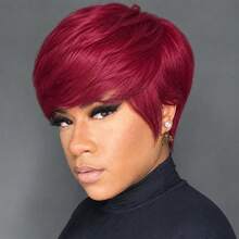 1 PC Short Straight Pixie Cut Wigs For Women Human Hair 6 Inch 180% Density Layered Machine Made Wigs With Bangs Black Color & BUG Red Color Pixie Wig Brazilian Remy Hair - SBUG - View 3