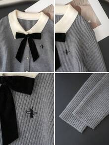 秋冬大學風拼接配色蝴蝶結領長袖刺繡女款開襟針織衫，街頭風 - 深灰色 - 查看 9
