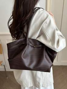 Retro Brown Braided Pattern Tote Bag Soft PU Large Capacity Daily Work Shoulder Handbag - Coffee Brown - View 4