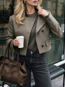 minisummer Women Elegant Fall Plaid Cropped Jacket, Fall Clothes For Women, Lapel Trim Button Front Short Coat, Casual Fall Outfit For Women - Coffee Brown - View 7