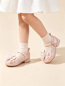 1 Pair Little Girls Pink Mary Jane Princess Shoes, Glitter Rhinestone Butterfly Decor Low Heel Ankle Strap Kids Pumps For Wedding Party Birthday - Pink - View 6