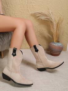 Autumn/Winter Vintage Pointed Toe Mid-Calf Western Boots Women Chunky Heel Polka Dot Versatile Shaft Boots - Beige - View 2