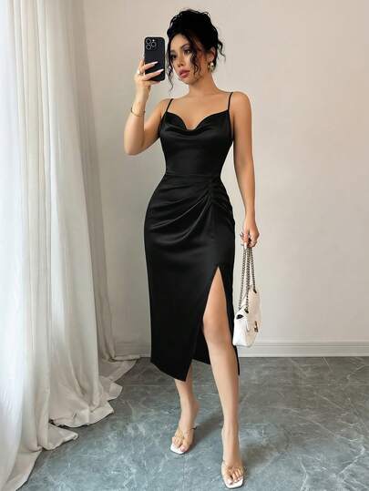 abyoxi Women's Mint Green Cowl Neck Spaghetti Strap Ruched Fitted Midi Dress With Side Slit, Elegant, Romantic, Sexy, Suitable For Wedding Guest, Date, Party, Formal Evening, Autumn/Winter Gown Dresses