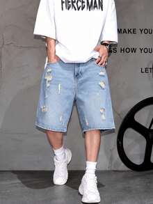 Men's Summer Street Fashion Distressed Washed Denim Shorts - Light Wash - View 5