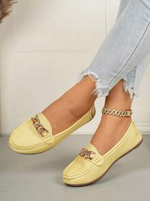 Women's Spring New Gold Chain Elegant Slip-On Loafers, Lightweight Comfortable Versatile Rubber Flat Shoes - Yellow - View 4