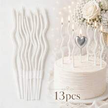 13pcs Birthday Cake Candles Set, Includes 12 Pearl White Wavy Curve Candles + 1 Silver Heart-Shaped Candle, Minimalist Luxury Texture - View 2
