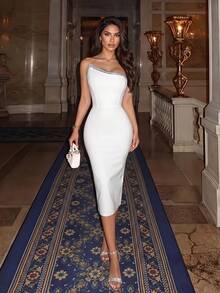 ADYCE Elegante vestido de fiesta midi de un solo hombro con cintura fruncida, ribete de volantes y ajuste ceñido, espalda descubierta con cordones, vestido de gala blanco - Blanco - Ver 1