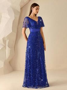 XUCTHHC Elegant V-Neck Butterfly Sleeve High-Quality Sequin A-Line Deep Blue Party Evening Gown, Formal Ball Dress, Wedding Guest, Holiday, Autumn/Winter - Royal Blue - View 6