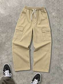1pc Boys' Casual Daily Wear Street Style Japanese Camping Inspired Minimalist Unisex Solid Color Denim Cargo Pants - Camel - View 1