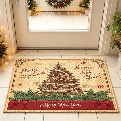 1pc Soft Faux Cashmere Material Floor Mat, Vintage Christmas Hand-Painted Pattern Rug, Suitable For Kitchen, Bathroom Anti-Slip, Entryway Door, Bedroom Door, Atmospheric Decorative Foot Mat, Multi-Scenario Use Anti-Slip Floor Mat, Room Decor, Holiday Gift