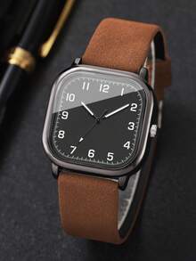 Men's Leather Strap Fashion Casual Square Minimalist Digital Scale Dial Classic Quartz Wrist Watch (1pc/Set) Watch Box Not Included - Brown - View 6
