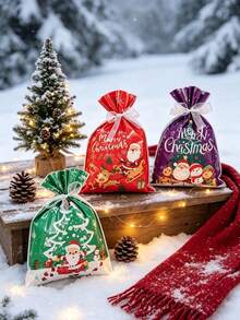 10pcs Christmas Gift Bags, Drawstring Closure Design, Convenient For Storing Candies And Small Gifts. Suitable For Christmas Eve Gift Packaging, Can Be Used For Christmas Party, Home Holiday Scene Decoration, Both Practical Gift Packaging Bags And Christmas Atmosphere Decoration. - Multicolor - View 8
