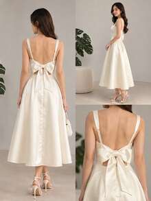 1pc Solid Color Elegant Hollow Back Bow Knot Women's Dress For Evening Date Wedding, Elegant White Dress - White - View 4